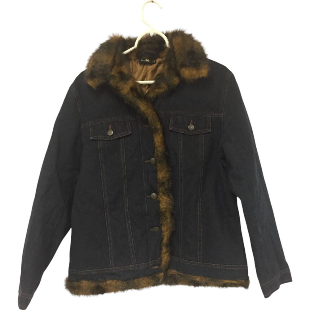 TCM Denim Jacket Womens Size L Blue Button Front Faux Fur Trim Long Sleeve